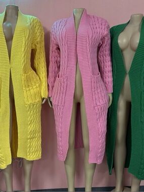 Long Open-Front Cable Knit Cardigan Sweater - Pink